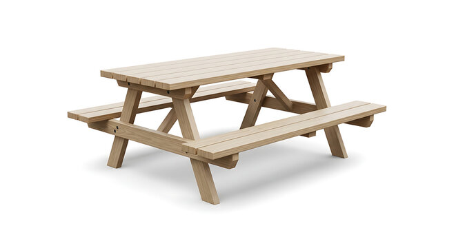 Wooden picnic table isolated on white background