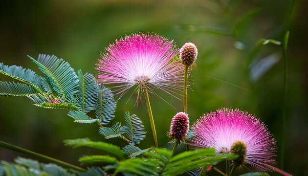 Macro Shot Of Pink Mimosa Pudica Flowers With Buds And Dewy Fern Like Leaves Set In Lush Grass Capturing The Vibrant Growth And Fresh Beauty Of This Tropical Plant In Jember East Java