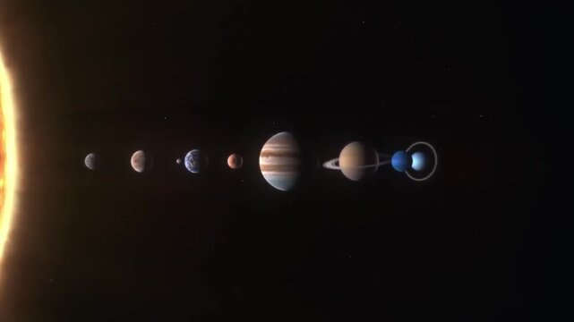 Animation of solar system planets aligning in row by distance from the sun.