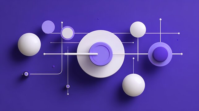 Modern 3d abstract digital network layout with white and purple floating geometric nodes and lines over a violet background