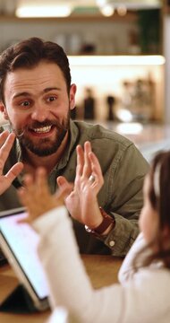Tablet, child and learning math with father, remote work or help with finger counting for development. Tech, happy parent and kid with education online, freelancer and teaching multiplication at home