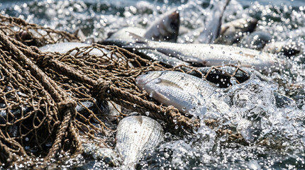 Fototapeta premium Apostles pulling fishing net filled with fish from sea. Miracle catch in Bible story. Ancient fisherman on wooden boat catching fish. Christian scene from New Testament narrative