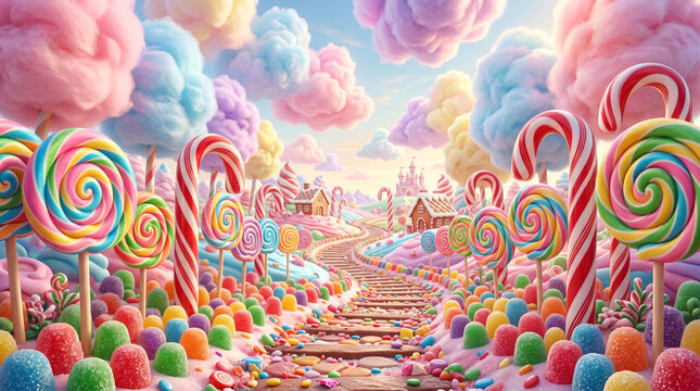 Whimsical Candy Wonderland Path with Giant Lollipops, Candy Canes and Cotton Candy Clouds