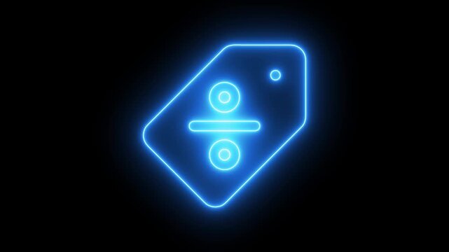 Neon blue division symbol price tag glowing on black background, for e-commerce and, math concepts