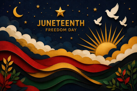 Juneteenth Freedom Day gold lettering with doves, stars, crescent moon, sunburst, layered paper waves, textured navy background, and festive symbolic colors for commemorative design