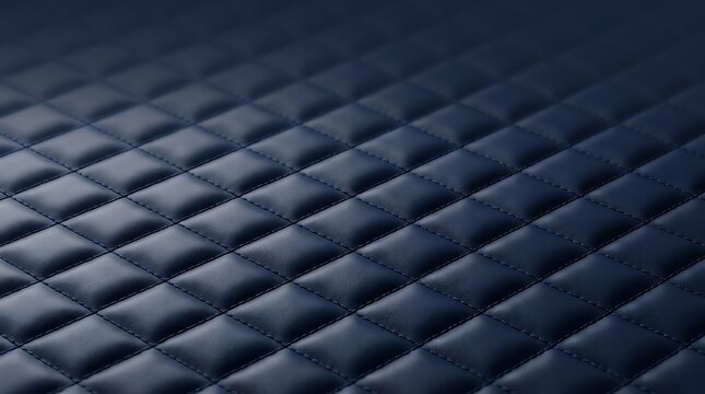 Closeup of a navy blue quilted leather texture with stitched diamond pattern