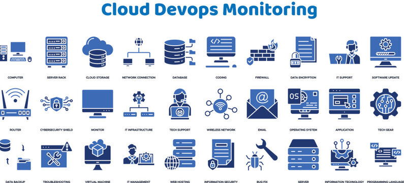 Cloud DevOps monitoring vector icons. IT infrastructure management and network administration line signs set. Server data backup icon