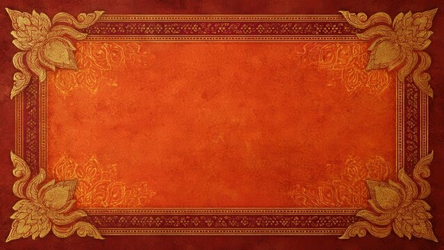 Traditional Thai Gold Border Frame with Lotus Patterns on Red Texture