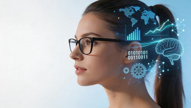 Woman profile with digital brain data, global map and charts, artificial intelligence concept, futuristic technology interface, human mind processing information, binary code