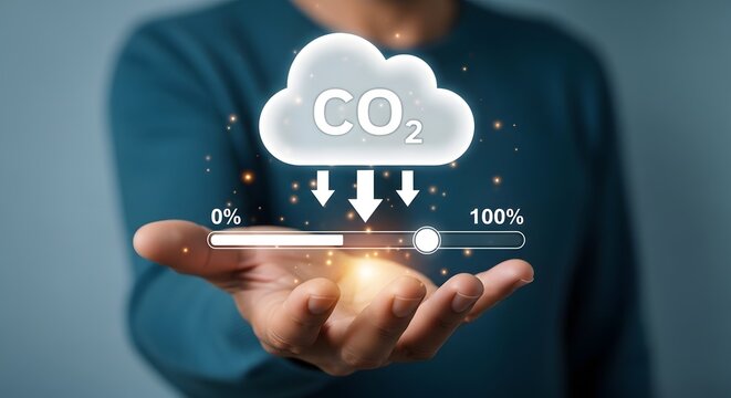 Hand Holding CO2 Emissions Reduction Concept with Cloud and Target Icons Overlay