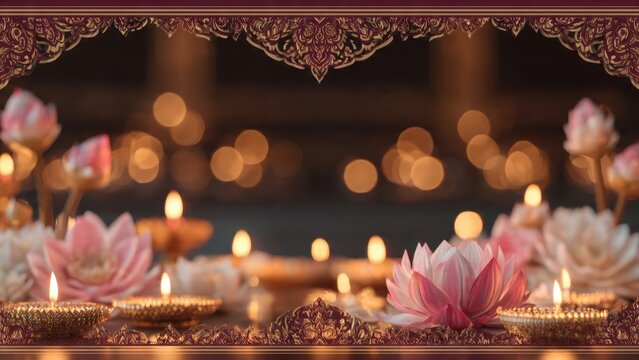 Spiritual setting with glowing oil lamps and pink lotus flowers for a puja.
