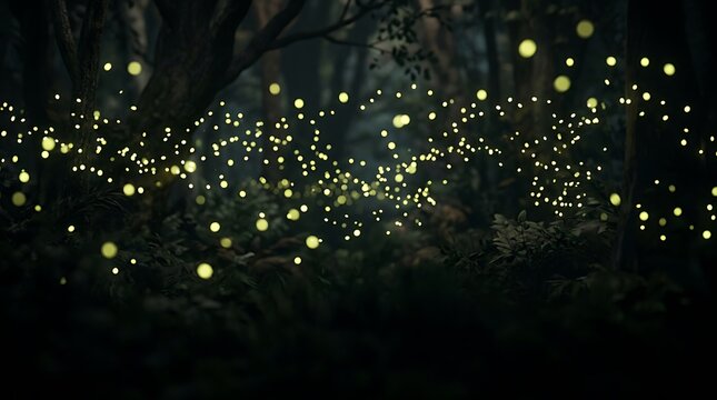 Glowing fireflies flying in forest at night