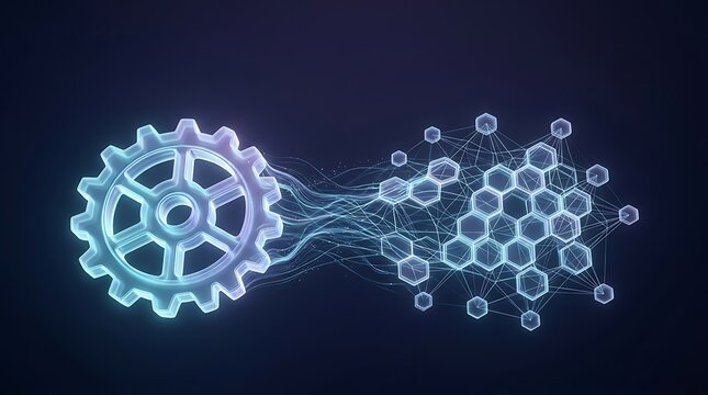 Glowing gear transforming into hexagonal molecules on dark background