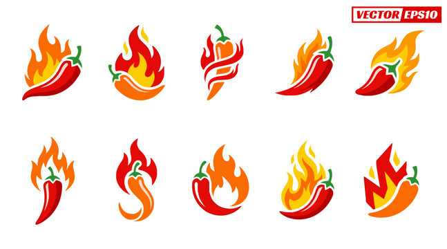 Collection of fiery chili pepper logos with vibrant flames symbolizing intense heat and spice.