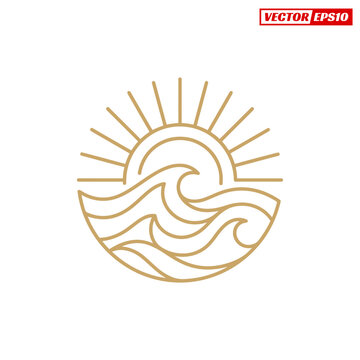 Golden sun and waves line art logo design.