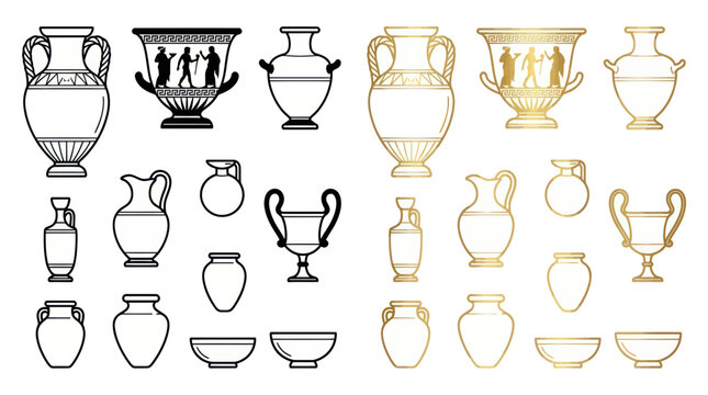 Ancient Greek Pottery Collection: Black and Gold Line Art Illustrations