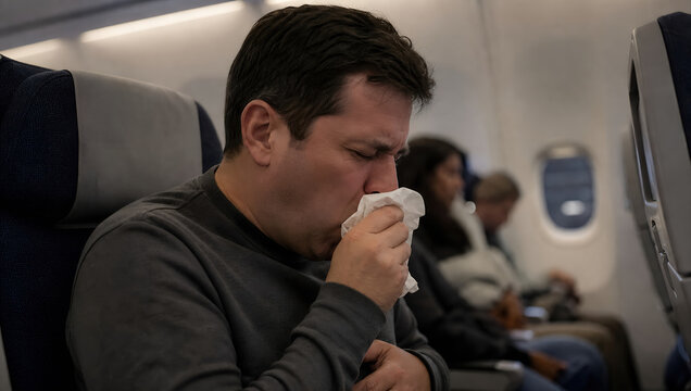 Man sitting in economy airplane seat coughing into tissue with other passengers seated nearby showing discomfort and illness