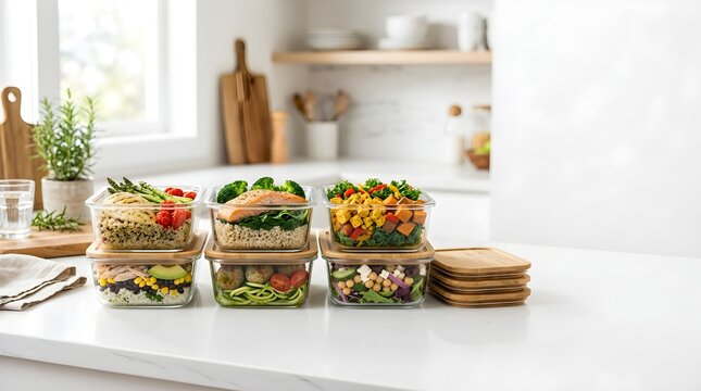 Assortment of fresh and healthy meal prep containers neatly organized on a bright kitchen counter, perfect for weekly healthy eating and efficient kitchen organization