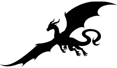Fototapeta premium Flying Dragon Black Silhouette Fantasy Creature Vector Isolated on White Background