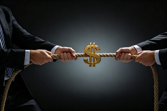 Two men pulling rope with dollar sign