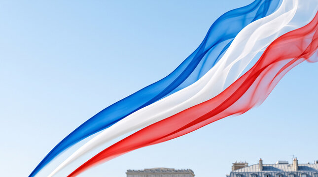 Drapeau Fran&ccedil;ais Ondulant dans le Vent sur Fond de Ciel Bleu