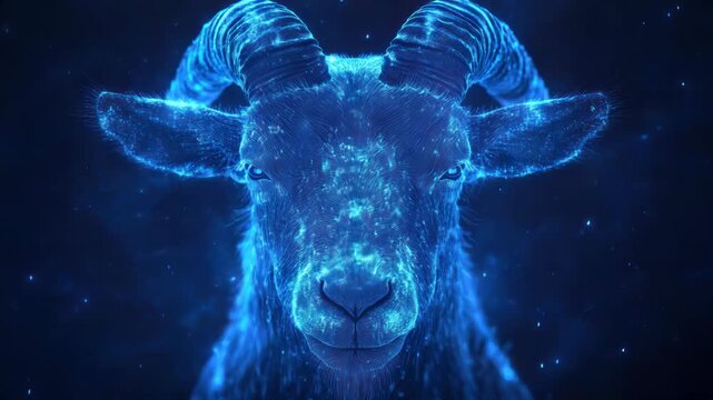 Glowing blue goat with large horns in a dark space filled with points of light