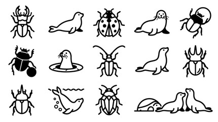 Fototapeta premium Insect and Seal Icons Set - Black and White Simple Vector Graphics