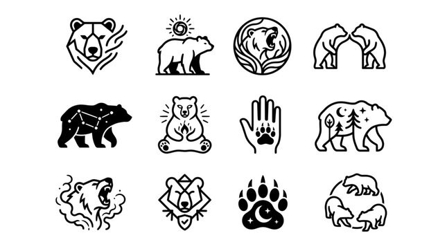 Bear Icon Set: Minimalist Line Art Graphics for Branding and Design