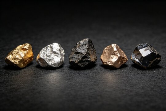 Five metallic mineral samples in a row