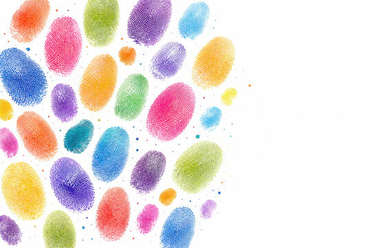 Colorful fingerprint impressions arranged diagonally on white background with varied sizes, ink splatters, vivid gradient tones, detailed ridge patterns, and modern abstract composition