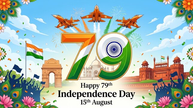 Independence day 79 years celebration vector with indian flag color typography ashoka chakra monuments fighter jets and 15 august greeting message for patriotic banners and event graphics