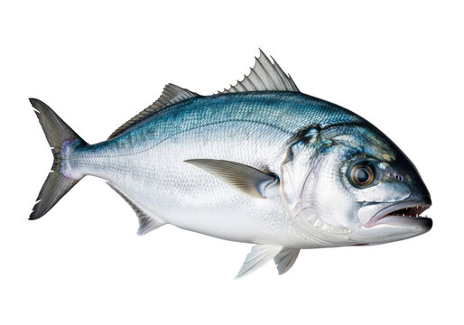 Pristine whole bluefish isolated on seamless transparent studio background, wet iridescent silver-blue scales, sharp teeth, extreme macro detail and controlled lighting. Editorial seafood specimen