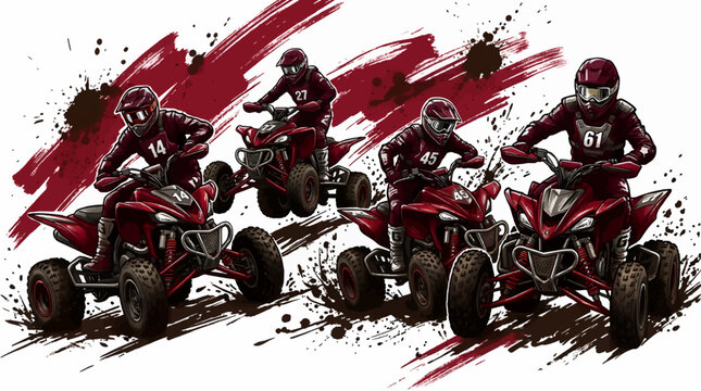 Four Red ATVs with Riders in Racing Gear on White Background, Dynamic Action Illustration with Splattered Mud and Brush Strokes, Motorsport Competition Concept