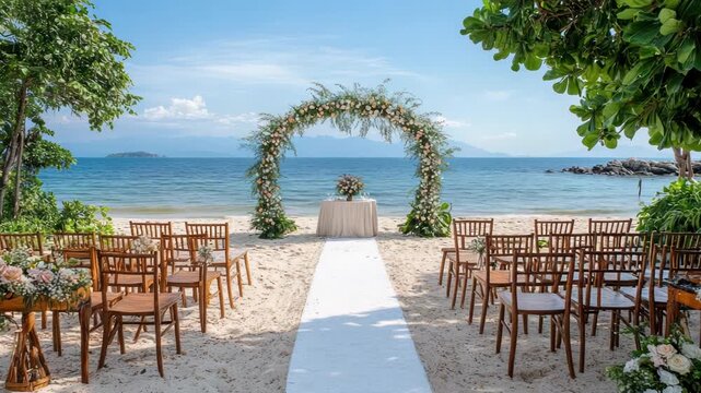 A beach wedding setup with floral arch, chairs, aisle, and ocean view on a sunny day