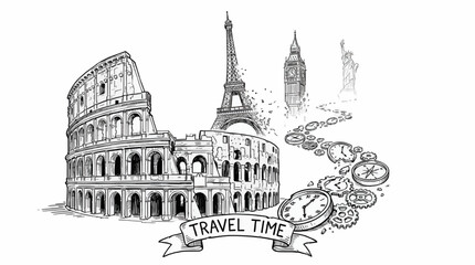 Obraz premium Line Art Vector Illustration of Famous Landmarks Colosseum Eiffel Tower Big Ben Statue of Liberty with Travel Time Concept of Clocks and Gears