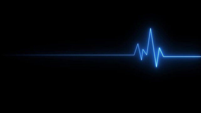 Glowing Blue neon heart pulsating with electrocardiogram line on dark grid background medical cardiology health 4K video.