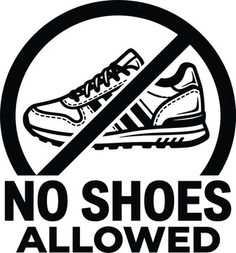Athletic running shoe prohibition symbol label with bold text declaring restricted footwear zones inside commercial premises