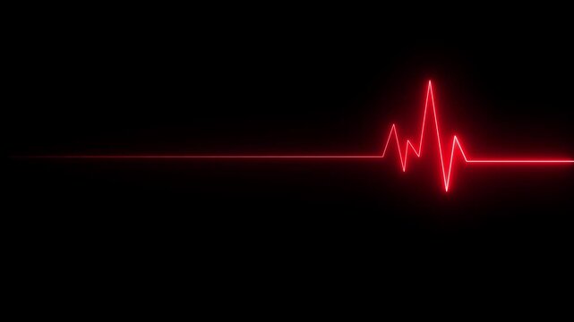 Glowing red neon heart pulsating with electrocardiogram line on dark grid background medical cardiology health 4K video..