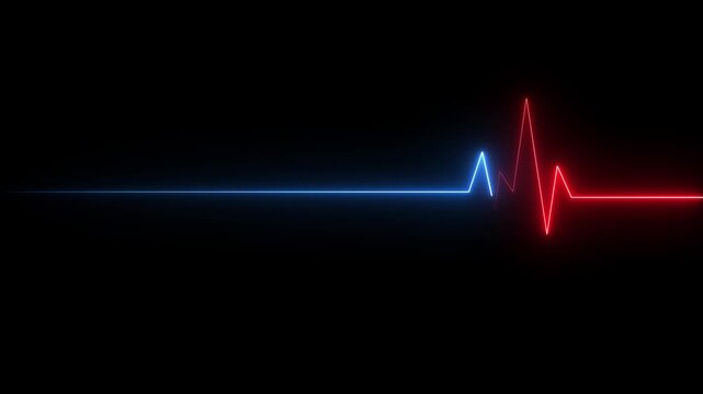 Glowing red neon heart pulsating with electrocardiogram line on dark grid background medical cardiology health 4K video..