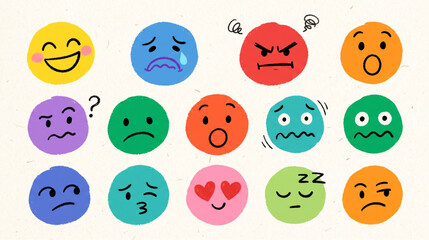Fototapeta premium Cute Colorful Emotion Faces Vector Set – Hand Drawn Emoji Expression Collection