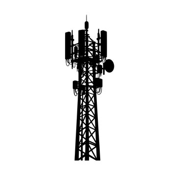 Black silhouette of a tall cell phone communication tower isolated on white background 