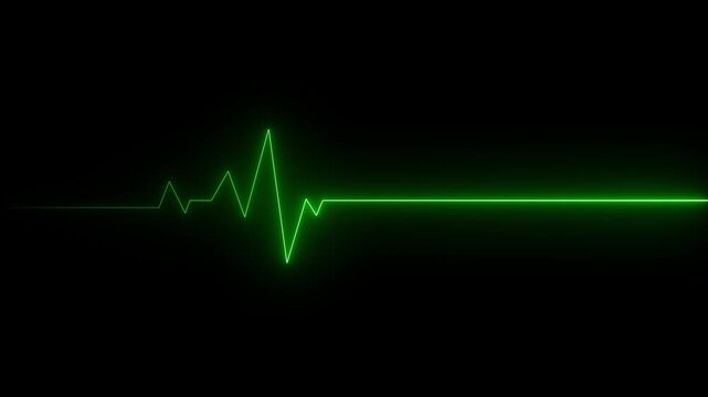 Glowing green neon heart pulsating with electrocardiogram line on black background medical cardiology health 4K HD video.