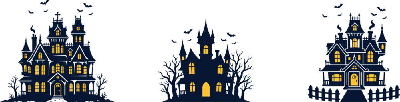 Collection of spooky haunted houses with glowing windows and bats flying overhead isolated on white background