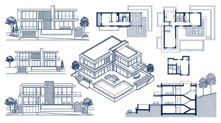 Fototapeta premium Modern House Blueprints and Architectural Designs, Exterior and Interior Views