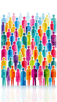 Colorful mosaic of overlapping human silhouettes forming diverse crowd with geometric pattern, subtle reflection, clean white background, generous copy space, modern social concept