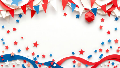 Obraz premium Patriotic Red White and Blue Paper Craft Decorations on White Background Frame