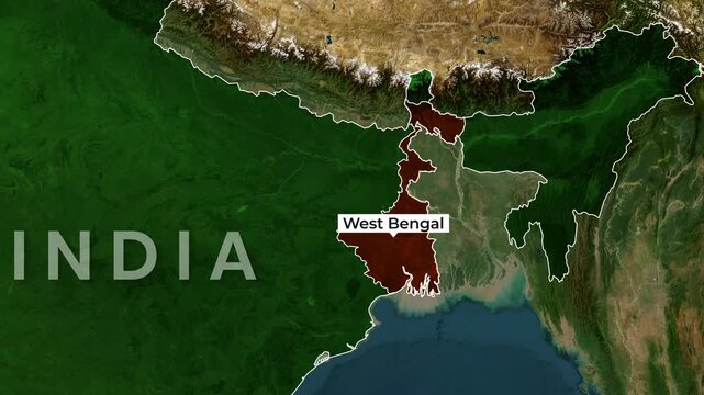 India's West Bengal is highlighted on a satellite map with the surrounding countries' motion video