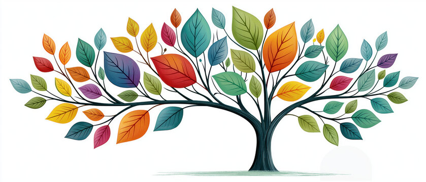 Majestic stylized tree with vibrant multicolored leaves on white background, elegant branching form with rich foliage, balanced vertical presence, decorative botanical composition