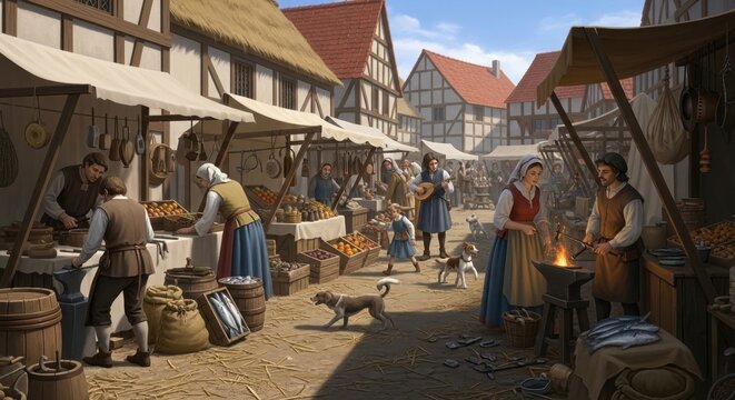 Bustling Medieval Village Marketplace Scene with Artisans and Townspeople Trading Goods in a Traditional European Town Square