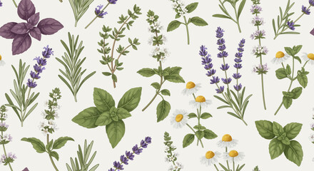Naklejka premium Elegant Botanical Pattern with Lavender, Basil, Chamomile, Rosemary and Thyme Sprigs